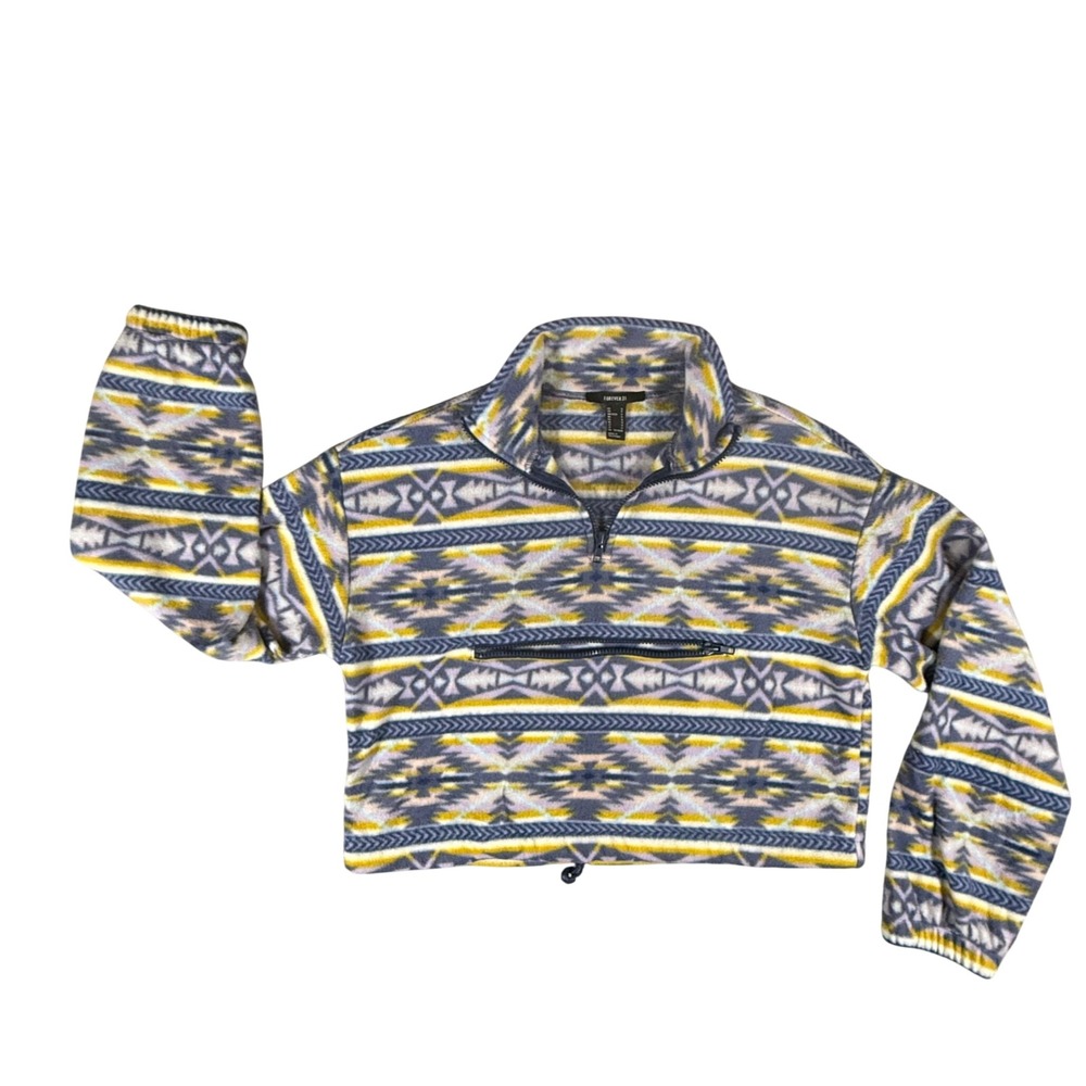 Forever 21 Fleece Pullover Womens Small Blue Aztec Cropped Quarter Zip Gorpcore